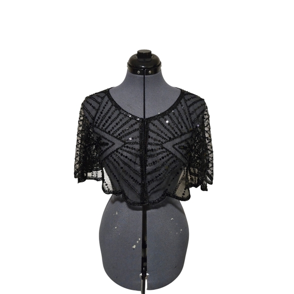 VINTAGE 1920s STYLE BLACK BEADED SEQUIN FLAPPER CAPELET SHAWL TOP One Size fit a - Picture 1 of 2